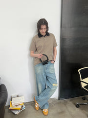 レトロ破れストレートジーンズ