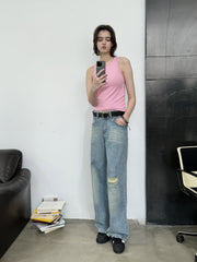 レトロ破れストレートジーンズ