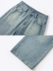 詳細画像: ジーンズの猫ひげ模様と破れのディテール特写