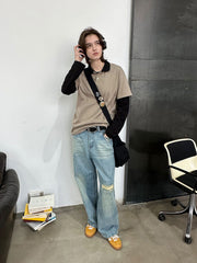 レトロ破れストレートジーンズ