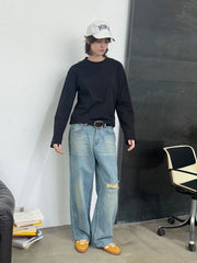 レトロ破れストレートジーンズ