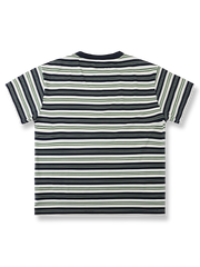 織り色高密度コットンのゆったりバイカラーストライプ半袖Tシャツ全体画像