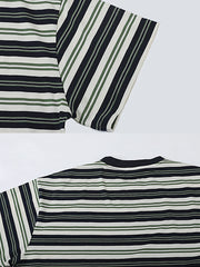 織り色高密度コットンのゆったりバイカラーストライプ半袖Tシャツの詳細画像