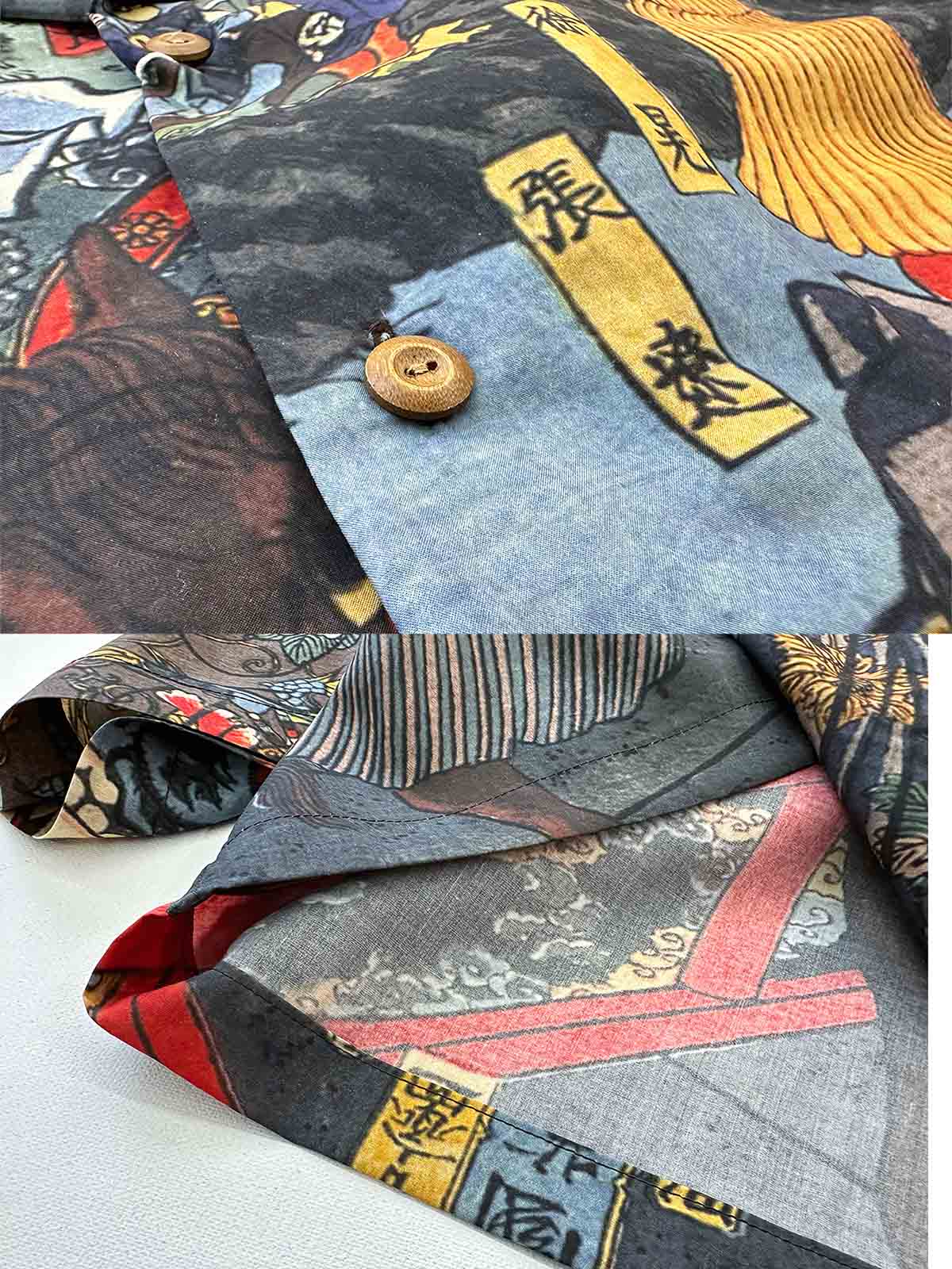 シャツのクバカラーのネックラインとリラックスフィットのシルエットをクローズアップした画像。細部にわたる高精度のデジタルプリントが見える。