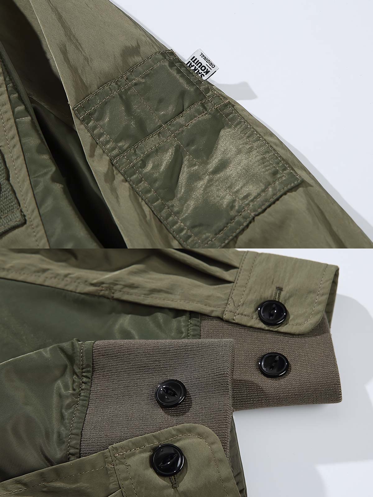 パッチワークディテールと多機能ポケットの特写