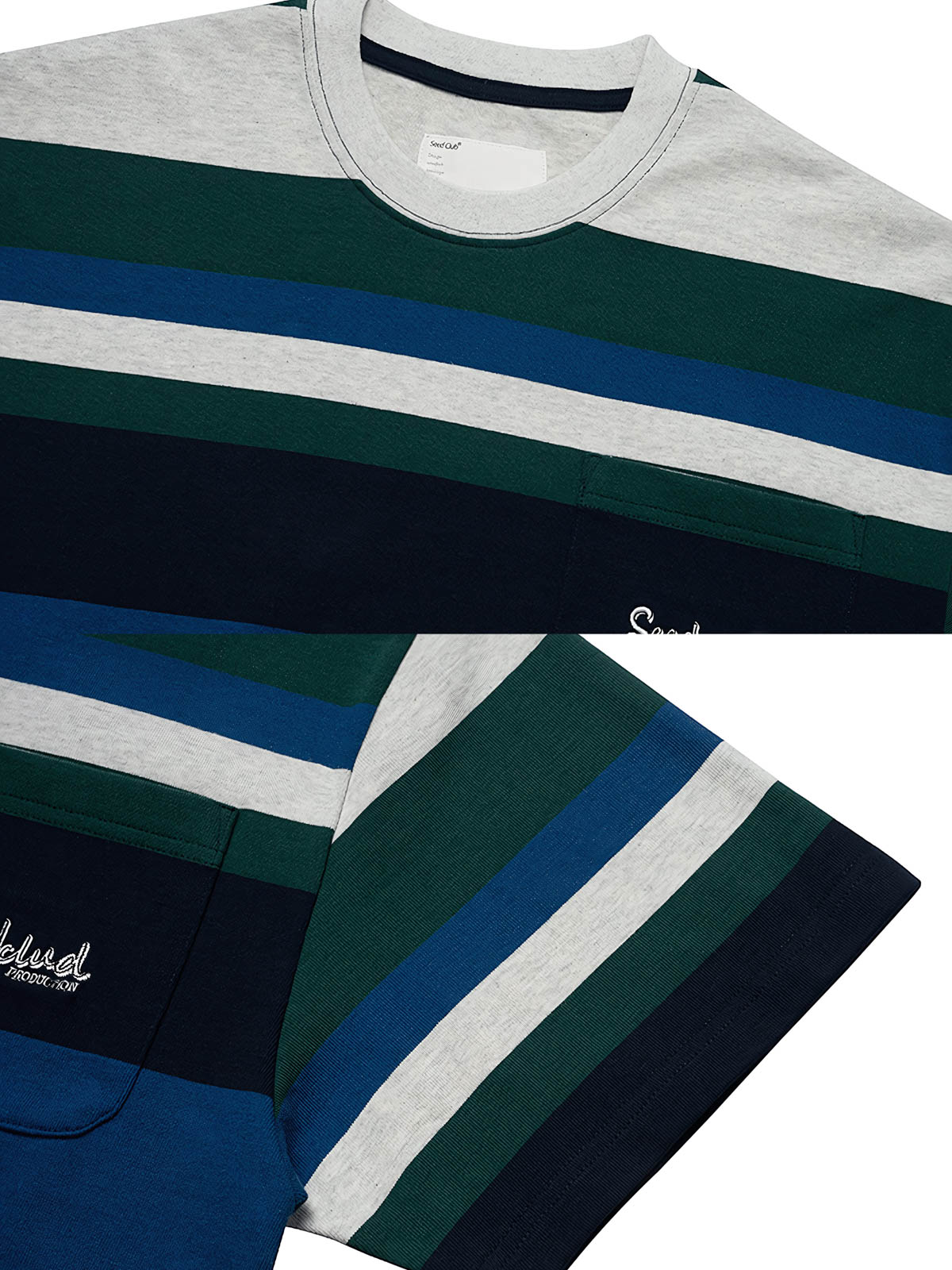 Tシャツのリブネックとロゴ刺繍のディテール