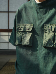 手作り伝統植物染め四つポケット付き半袖Tシャツ