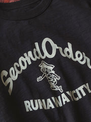RUNAWAYCITYヴィンテージオーバーサイズ ドロップショルダー パイピングTシャツの詳細、プリントとリブデザインを含む
