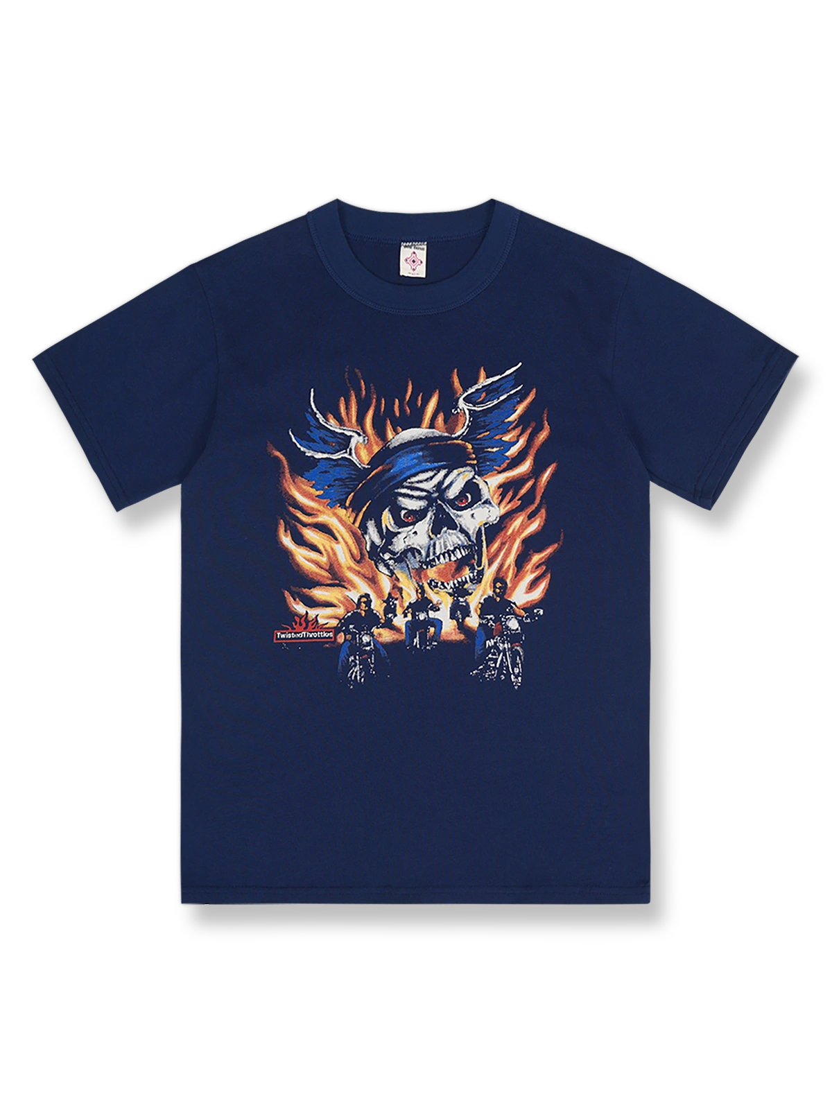 アメリカンヴィンテージの重厚なスカルモーターサイクルプリント半袖Tシャツの全体図