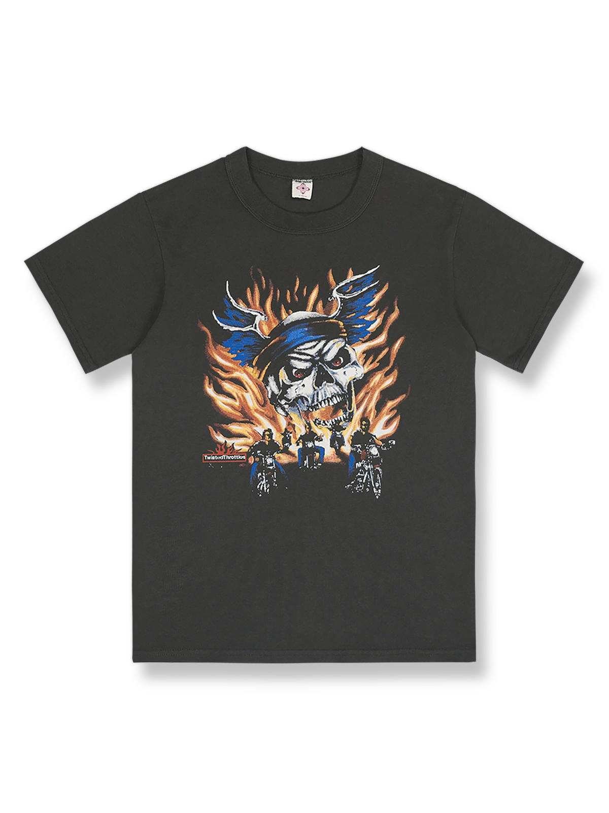 アメリカンヴィンテージの重厚なスカルモーターサイクルプリント半袖Tシャツの全体図
