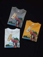 重厚なアメリカンヴィンテージハワイアンガール柄半袖Tシャツのプリントディテール