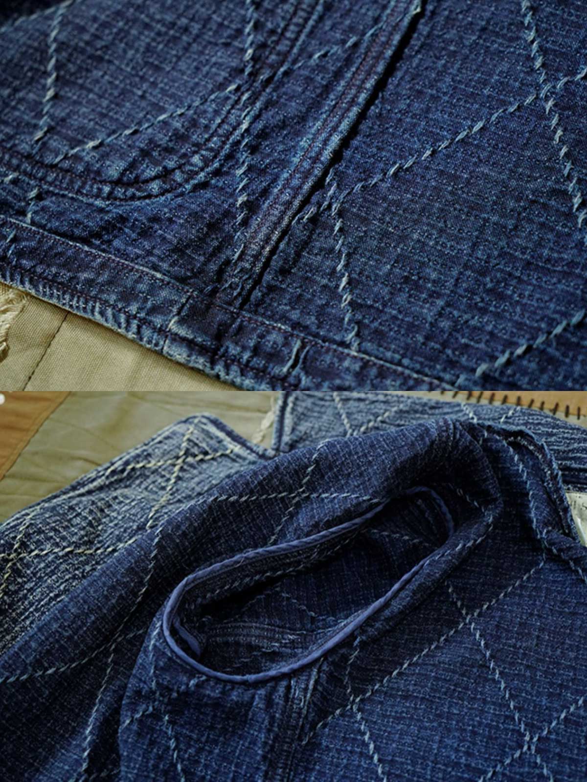 製品画像
"インディゴ ダブルボタン ジャケット、アメリカン・ヴィンテージスタイルのダブルボタンジャケット、450gのコーマコットン素材で作られた厚手で柔らかな生地、重工水洗い加工と手作業によるヴィンテージ仕上げ、刺し子(Sashiko)技術で施された精緻な縫製が特徴"
詳細画像
"インディゴ柄ダブルボタンジャケット、3種類のデザイン(ダイヤ柄、パターン柄、チェック柄)のインディゴ柄を採用、ヴィンテージ感を強調し、日本伝統の刺し子工法で仕上げた精緻なディテール、立体感と深みのあるデザイン"