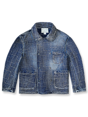 製品画像
"インディゴ ダブルボタン ジャケット、アメリカン・ヴィンテージスタイルのダブルボタンジャケット、450gのコーマコットン素材で作られた厚手で柔らかな生地、重工水洗い加工と手作業によるヴィンテージ仕上げ、刺し子(Sashiko)技術で施された精緻な縫製が特徴"
詳細画像
"インディゴ柄ダブルボタンジャケット、3種類のデザイン(ダイヤ柄、パターン柄、チェック柄)のインディゴ柄を採用、ヴィンテージ感を強調し、日本伝統の刺し子工法で仕上げた精緻なディテール、立体感と深みのあるデザイン"