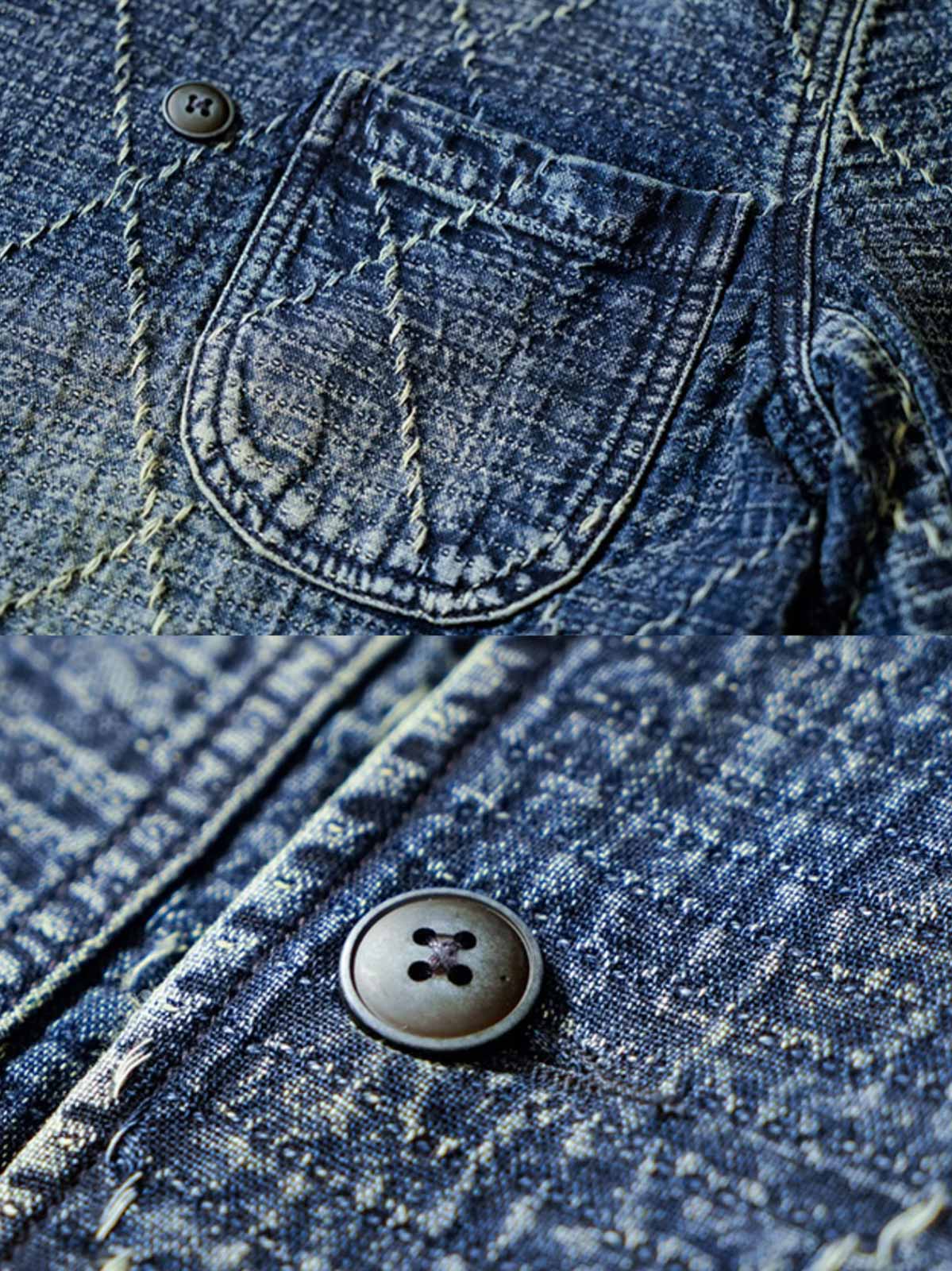 製品画像
"インディゴ ダブルボタン ジャケット、アメリカン・ヴィンテージスタイルのダブルボタンジャケット、450gのコーマコットン素材で作られた厚手で柔らかな生地、重工水洗い加工と手作業によるヴィンテージ仕上げ、刺し子(Sashiko)技術で施された精緻な縫製が特徴"
詳細画像
"インディゴ柄ダブルボタンジャケット、3種類のデザイン(ダイヤ柄、パターン柄、チェック柄)のインディゴ柄を採用、ヴィンテージ感を強調し、日本伝統の刺し子工法で仕上げた精緻なディテール、立体感と深みのあるデザイン"