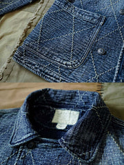 製品画像
"インディゴ ダブルボタン ジャケット、アメリカン・ヴィンテージスタイルのダブルボタンジャケット、450gのコーマコットン素材で作られた厚手で柔らかな生地、重工水洗い加工と手作業によるヴィンテージ仕上げ、刺し子(Sashiko)技術で施された精緻な縫製が特徴"
詳細画像
"インディゴ柄ダブルボタンジャケット、3種類のデザイン(ダイヤ柄、パターン柄、チェック柄)のインディゴ柄を採用、ヴィンテージ感を強調し、日本伝統の刺し子工法で仕上げた精緻なディテール、立体感と深みのあるデザイン"