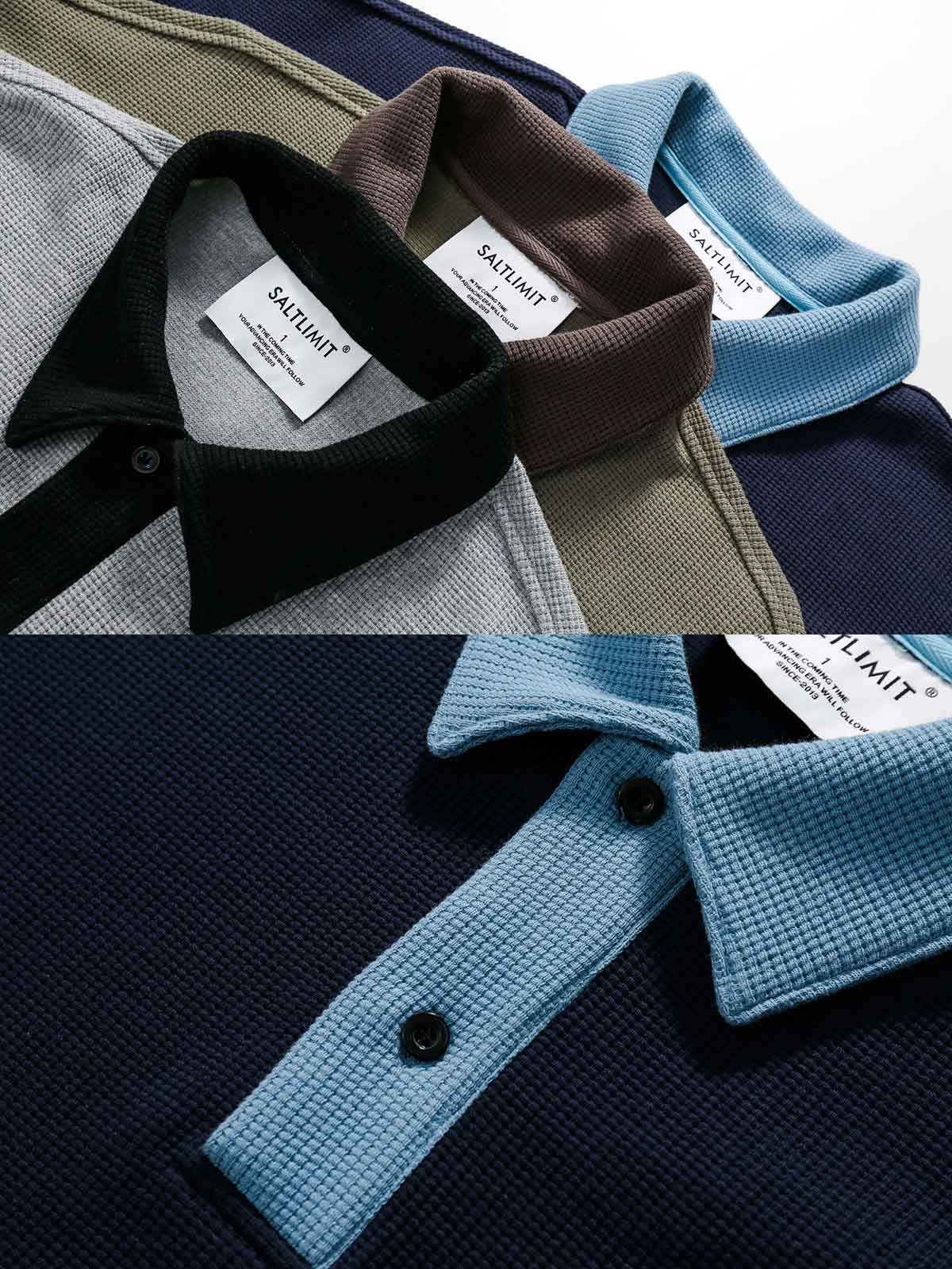 製品画像
「バイカラーオープンカラーのプルオーバースウェット全体展示図。クラシックな襟デザインとバイカラーパッチワークが視覚的な奥行き感を加え、レトロトレンドスタイルを演出。」
詳細画像
「バイカラー襟と胸元の実用的なポケットのディテール特写。デザイン性と収納力を兼ね備え、視覚的な統一感を強調しています。」