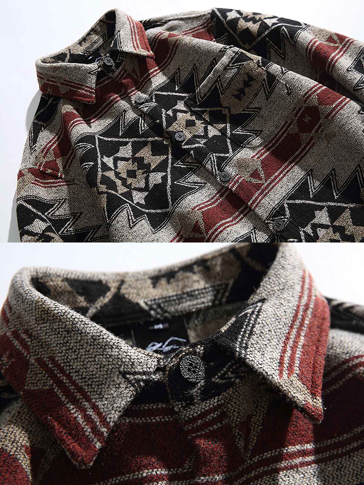 製品画像
ナバホ族の幾何学模様を取り入れたジャカード織りのウール混長袖シャツ。優れた保温性と柔らかな肌触りを実現し、レトロなスタイルと民族的な風情が特徴です。クラシックな翻領デザインで、秋冬シーズンに最適なアイテム。
詳細画像
ナバホ族の模様をジャカード織りで表現したディテール、ウールと混紡素材で作られた柔らかな肌触りと保温性。レトロなデザインとともに、しっかりとした仕立てが魅力的。