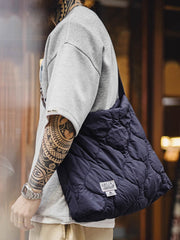 詳細画像: 貝殻模様キルティングデザインのアップ、310Tマット仕上げしわ感ナイロンと立体充填素材のディテール。
モデル画像: モデルが大容量の貝殻模様雲形バッグを肩掛けして、日常使いに最適なスタイルを披露。