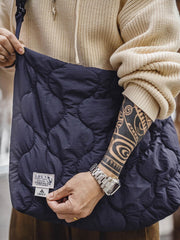 詳細画像: 貝殻模様キルティングデザインのアップ、310Tマット仕上げしわ感ナイロンと立体充填素材のディテール。
モデル画像: モデルが大容量の貝殻模様雲形バッグを肩掛けして、日常使いに最適なスタイルを披露。