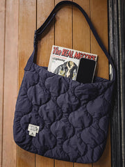 製品画像: 大容量の貝殻模様キルティングデザインが特徴の雲形バッグ正面展示画像、立体感と耐久性を強調。
詳細画像: 貝殻模様キルティングデザインのアップ、310Tマット仕上げしわ感ナイロンと立体充填素材のディテール。