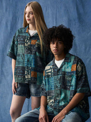 抽象都市風景プリント アロハシャツ