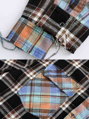 チェック柄 カラーブロック長袖シャツ