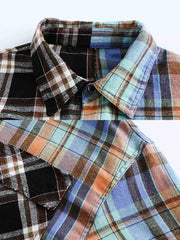 チェック柄 カラーブロック長袖シャツ