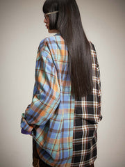 チェック柄 カラーブロック長袖シャツ