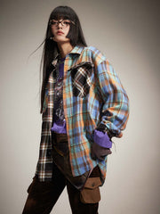 チェック柄 カラーブロック長袖シャツ