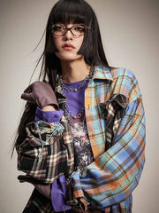 チェック柄 カラーブロック長袖シャツ