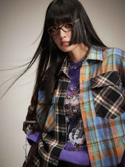 チェック柄 カラーブロック長袖シャツ