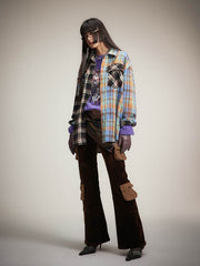 チェック柄 カラーブロック長袖シャツ