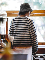 ハットを着用し、カジュアルな街着やアウトドアスタイルに合うことを示すモデル。