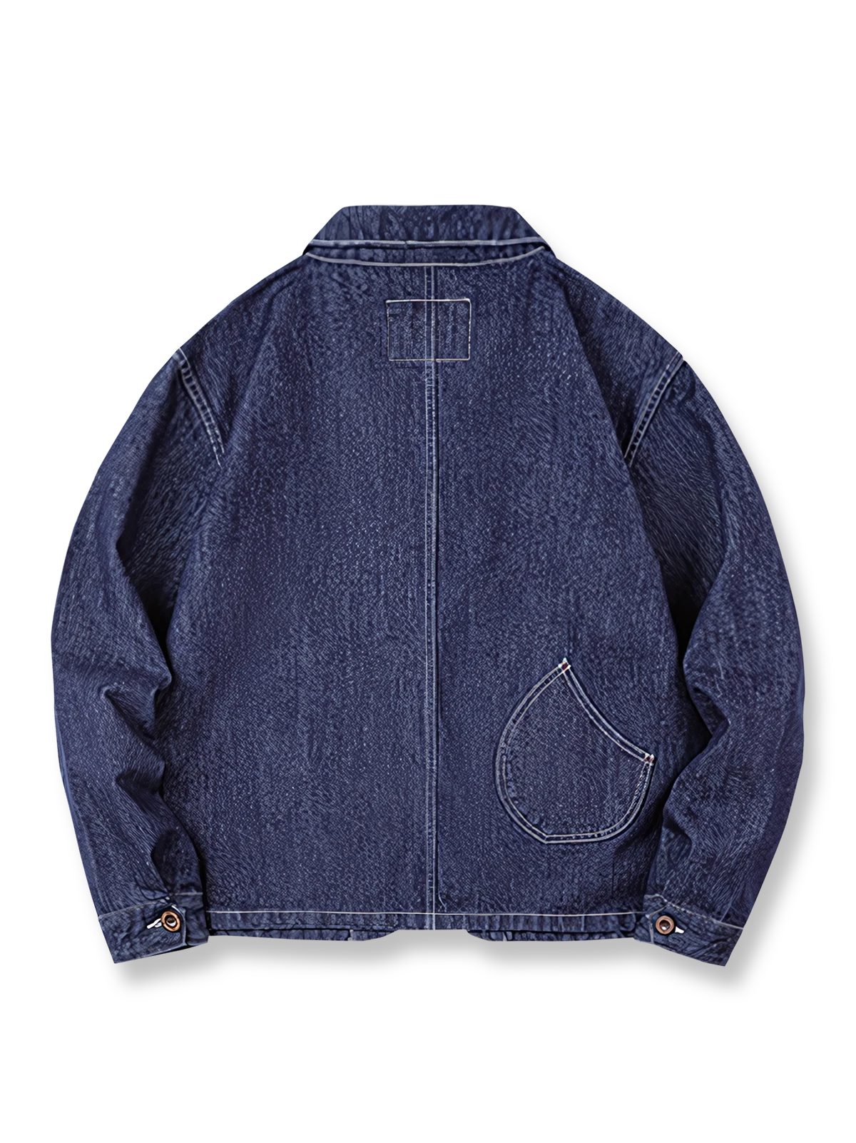 製品画像
ウォッシュ加工が施されたクラシックなフレンチブルーの織りデニム素材ジャケット全体画像。ヴィンテージ感と実用性を兼ね備えたデザインが特徴。
詳細画像
大容量のダブルインサートポケットや丸みを帯びた裾デザイン、ツイル織りテクスチャーのディテールを強調したショット。自然なウォッシュ加工の風合いも表現。