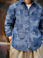 ボロ風 ジャガード 先染め デニム 長袖シャツ