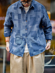 ボロ風 ジャガード 先染め デニム 長袖シャツ