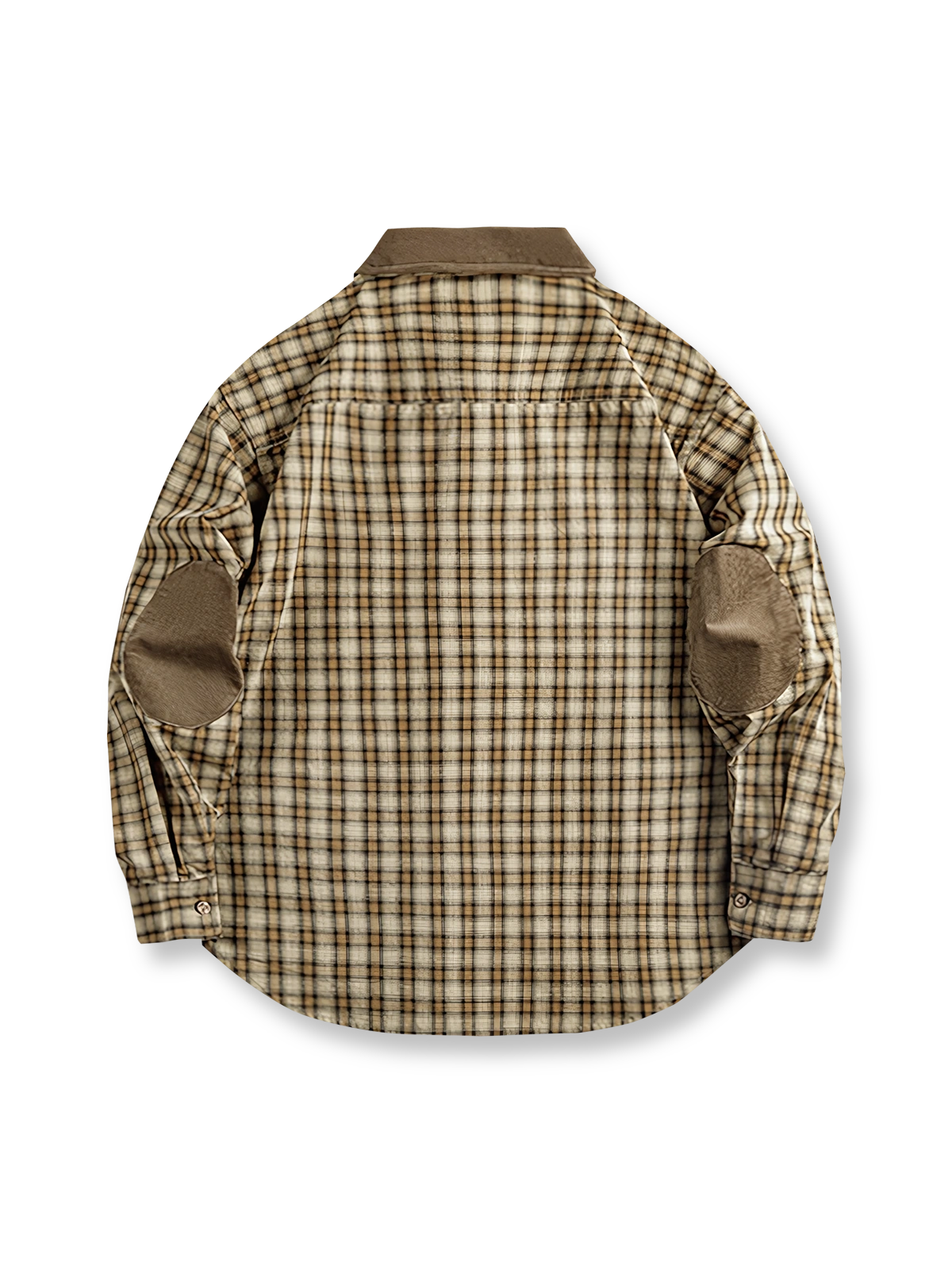 製品画像: タータンチェック柄長袖シャツの反面展示、伝統的なチェックパターンを強調。