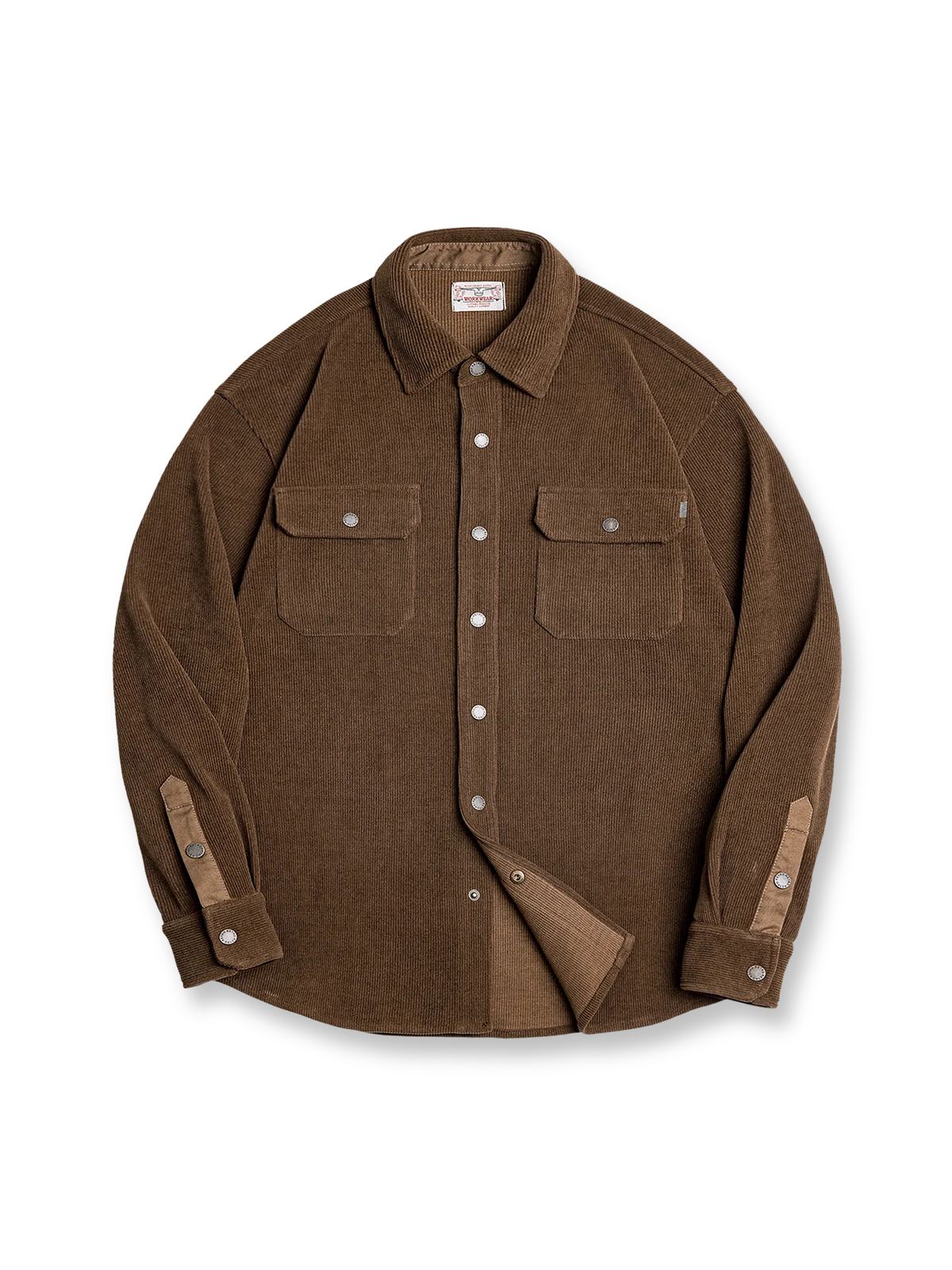 製品画像: ニットコーデュロイ長袖シャツ メンズ 秋冬 カジュアルウェア 保温 正面画像
詳細画像: 420g/m²ニットコーデュロイ素材のディテールとメタルボタン装飾