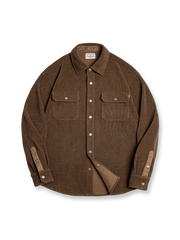 製品画像: ニットコーデュロイ長袖シャツ メンズ 秋冬 カジュアルウェア 保温 正面画像
詳細画像: 420g/m²ニットコーデュロイ素材のディテールとメタルボタン装飾