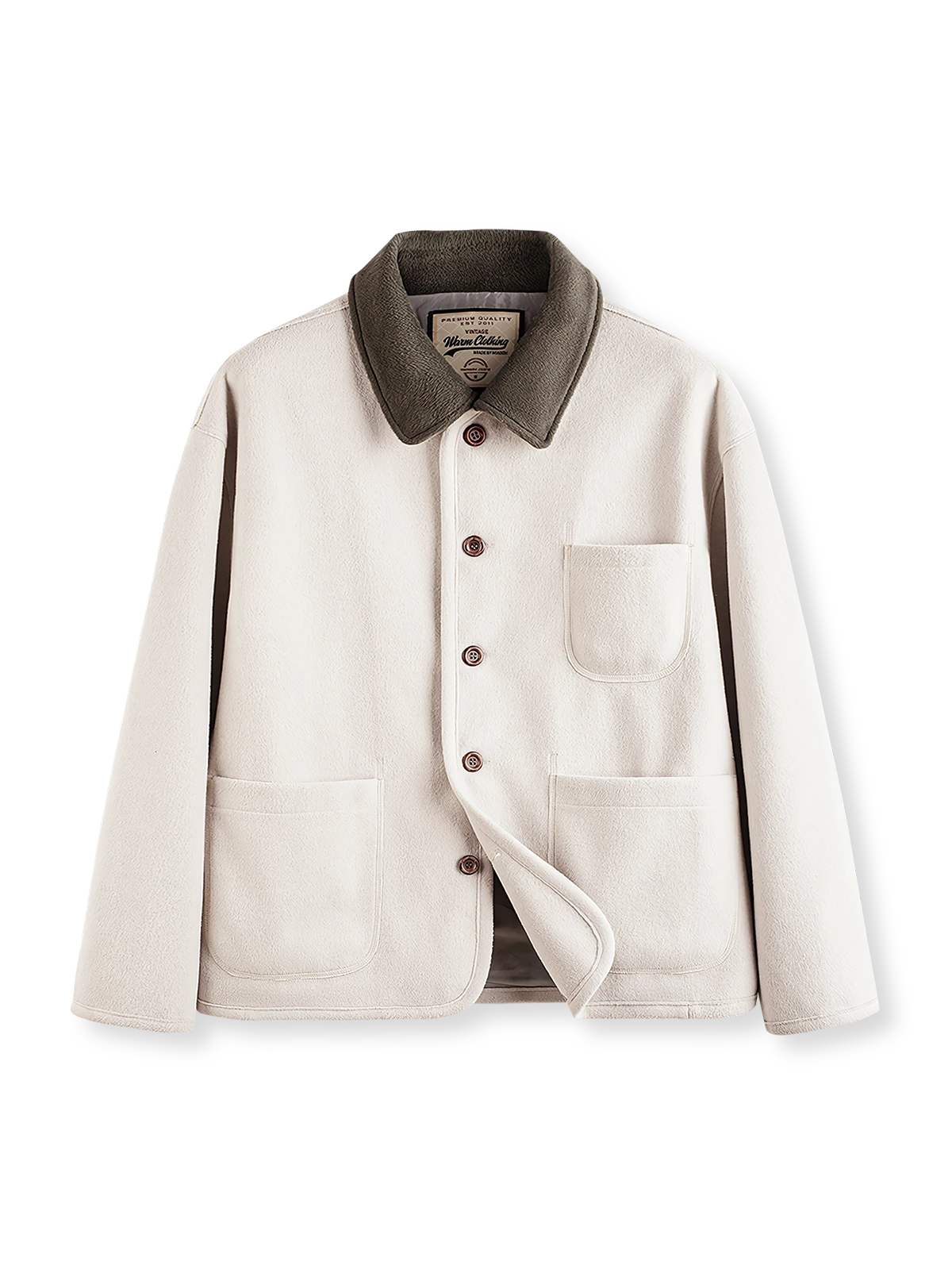 製品画像: 配色切替え襟付きウールジャケットの全体画像。19世紀フレンチワークウェアスタイルに着想を得たクラシックデザインとヴィンテージ感が特徴的。
詳細画像: ウッドボタン、配色切替えの襟、外側ステッチをクローズアップした画像。高保温性のラシャ生地と細部へのこだわりが際立つ。