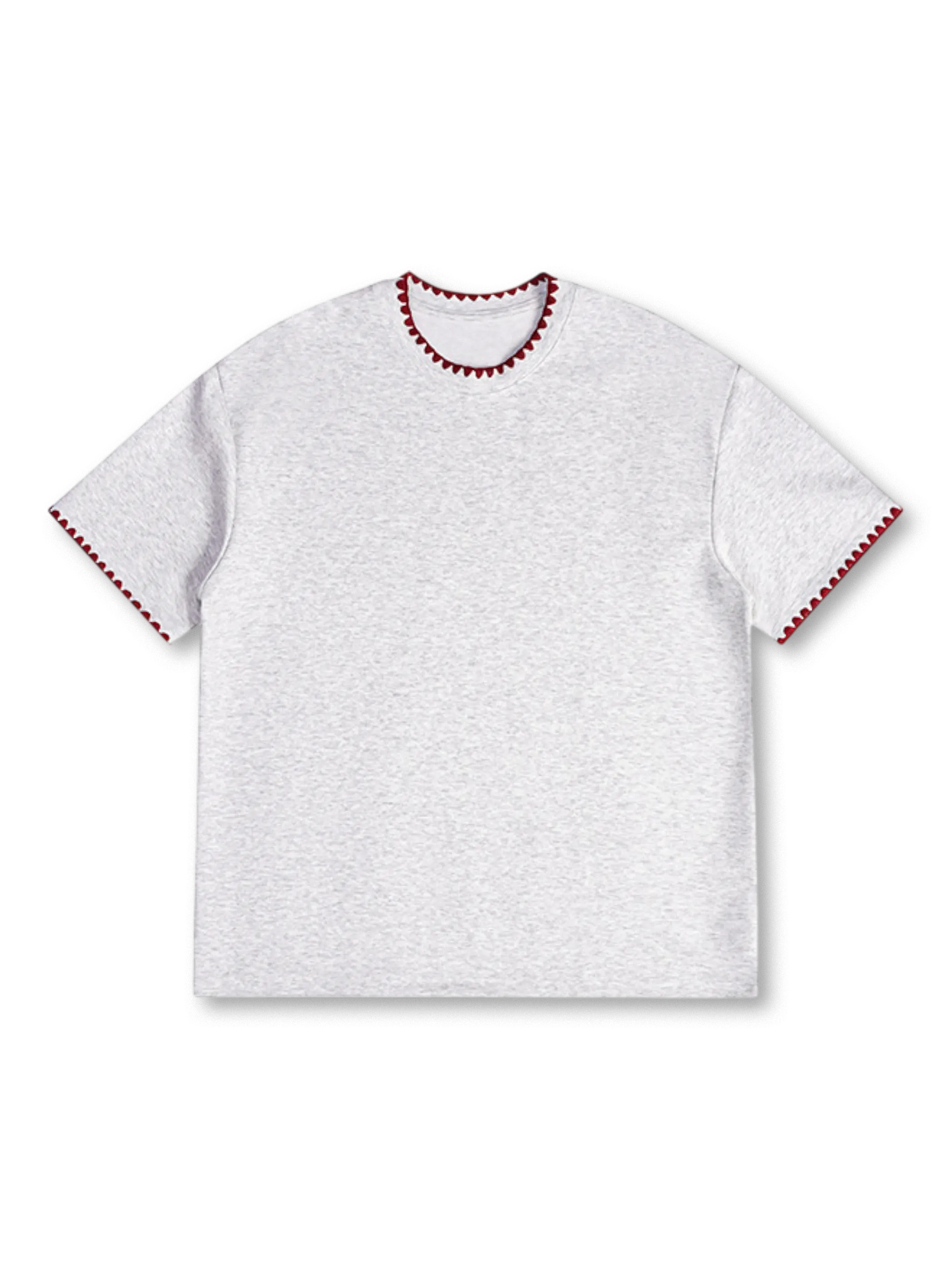 グレーとブラックのクルーネックTシャツ、衿と袖口に貝殻刺繍をあしらったデザイン