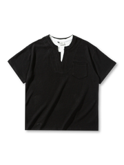 ワッフル生地のフェイクレイヤードTシャツ、カジュアルなデザインと立体的な切り替えディテール