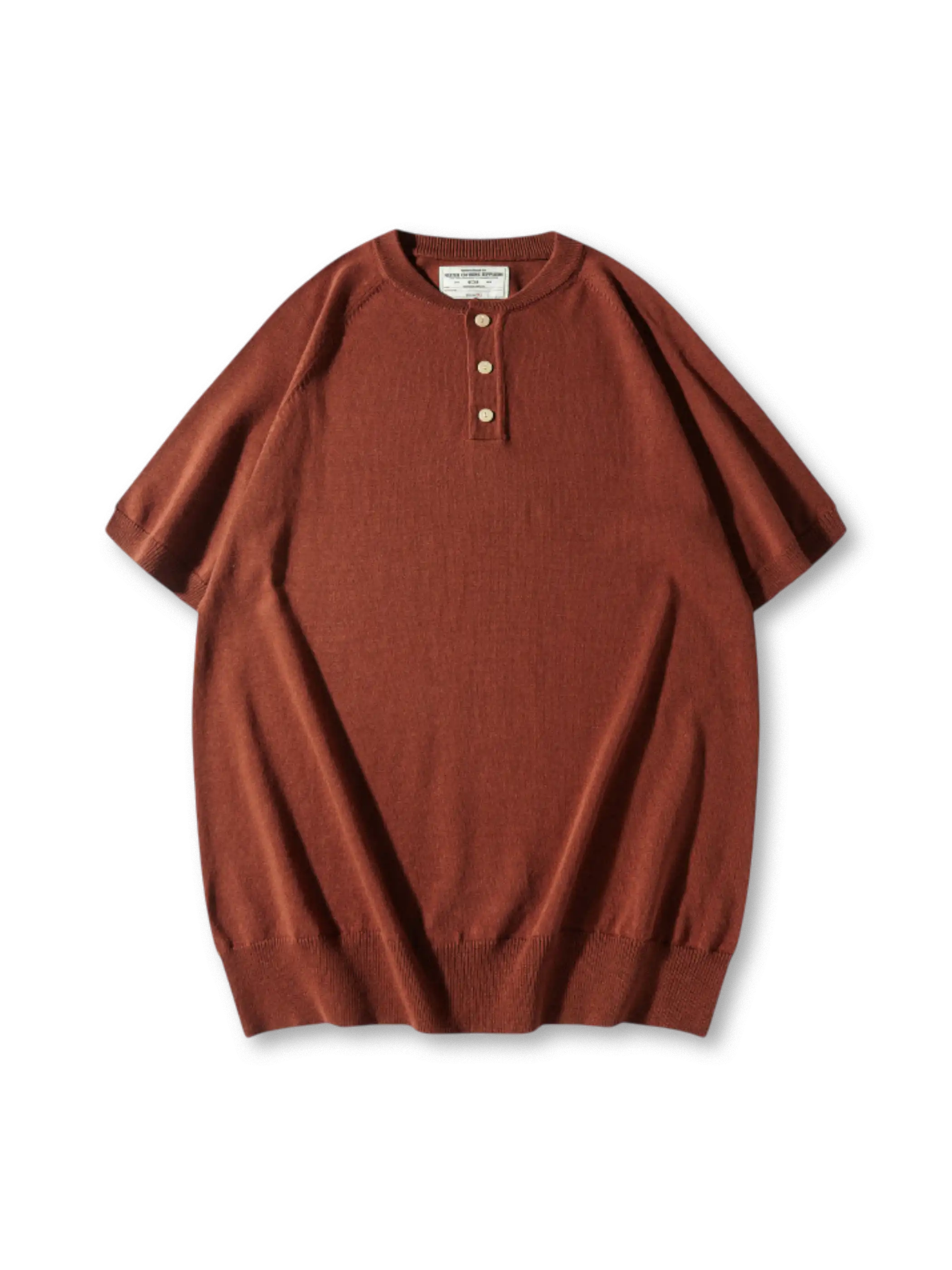 ヘンリーネックのボタンとリブ仕様が際立つニットTシャツ、落ち着いたカラーリングが特徴