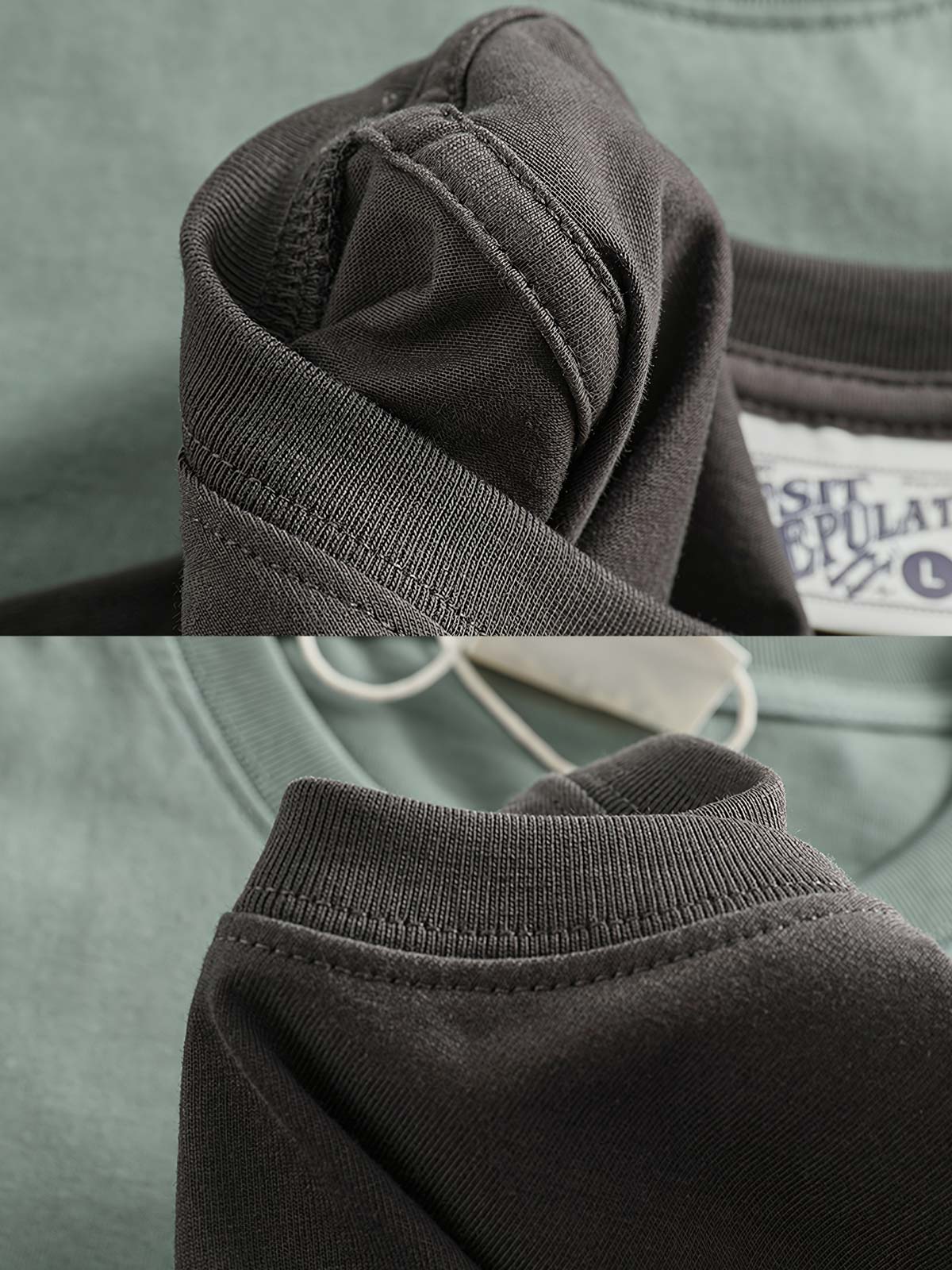 Tシャツのリブ付きクルーネックとレーシングエレメントプリントの詳細