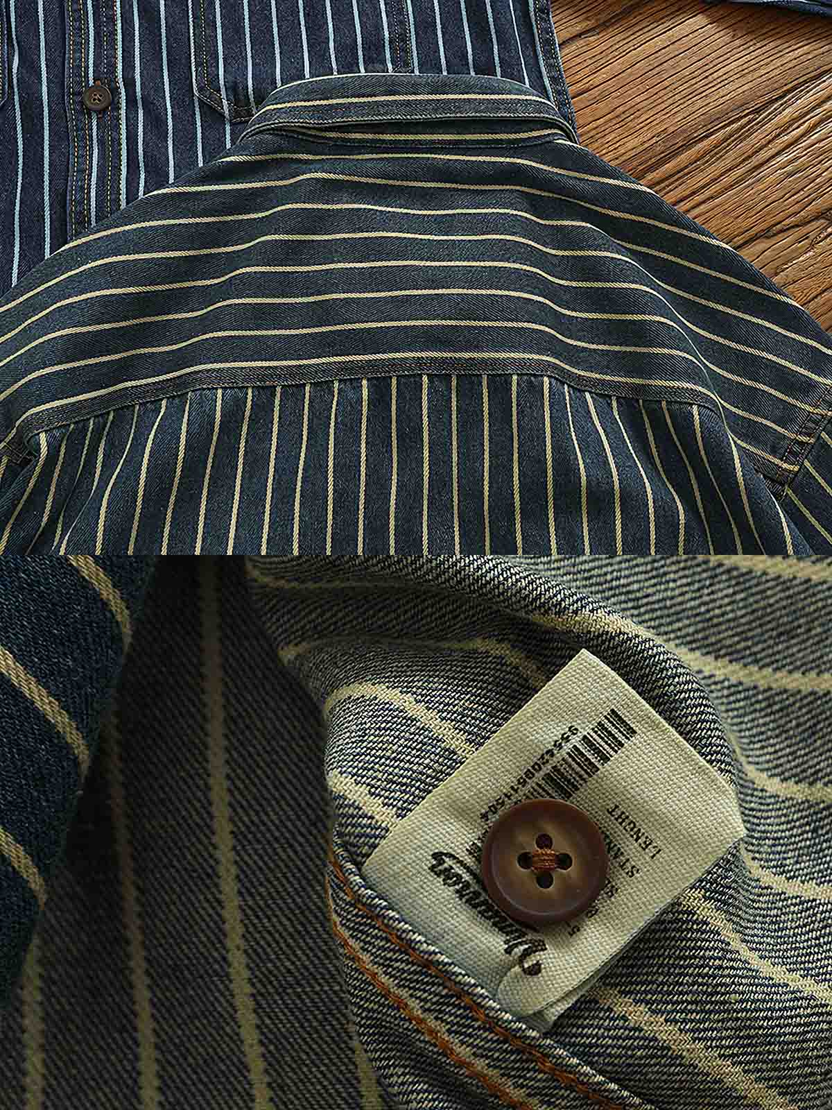 製品画像: ヘビーストライプデニムワークシャツの正面展示
詳細画像: 肘のパッチとストライプのディテールクローズアップ
モデル画像