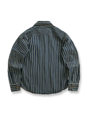 製品画像: ヘビーストライプデニムワークシャツの正面展示
詳細画像: 肘のパッチとストライプのディテールクローズアップ
モデル画像