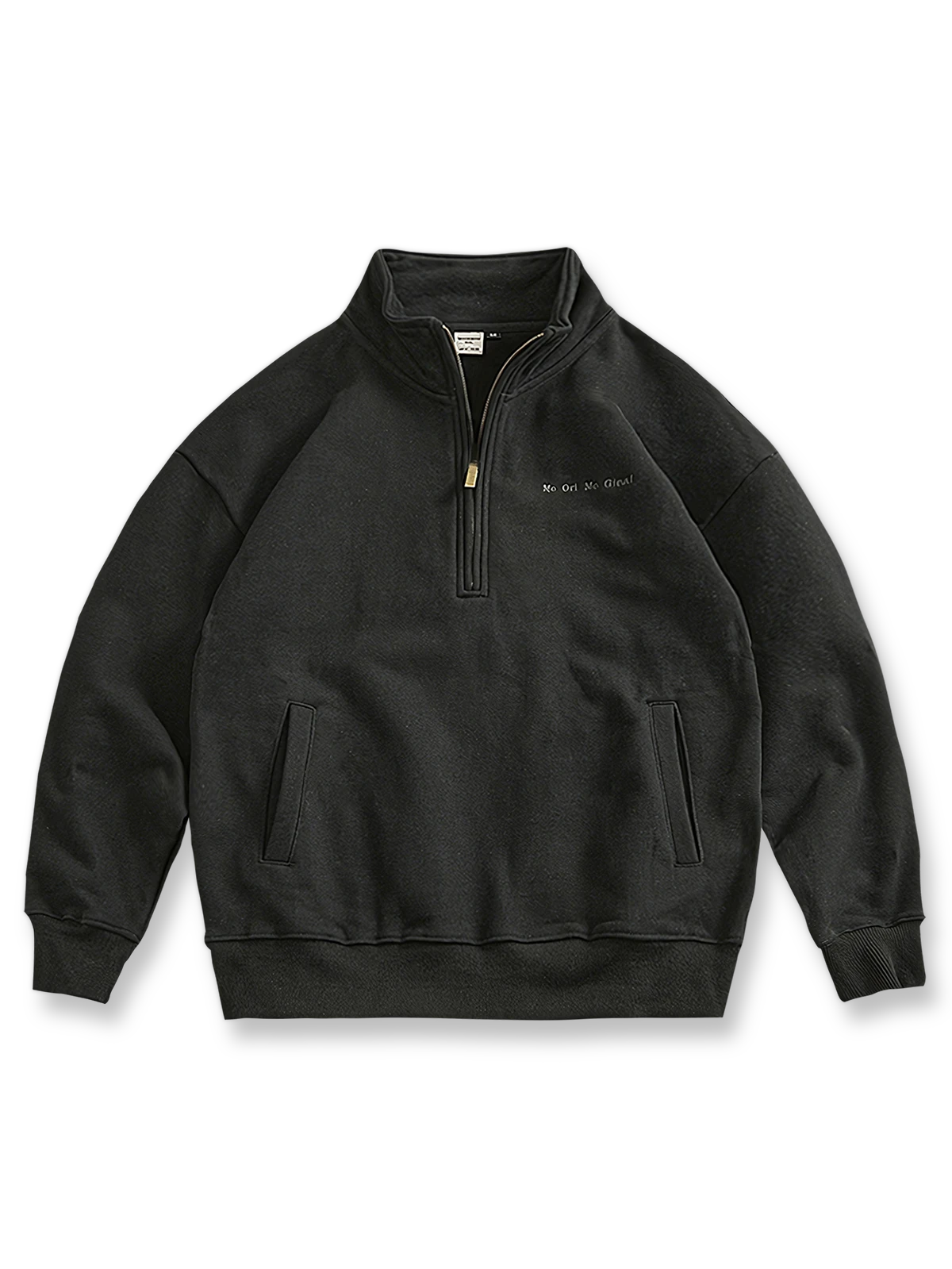 製品画像: グリーンの裏起毛ハーフジップスウェットの正面画像
詳細画像: 裏起毛のディテールと袖口、裾のリブディテール