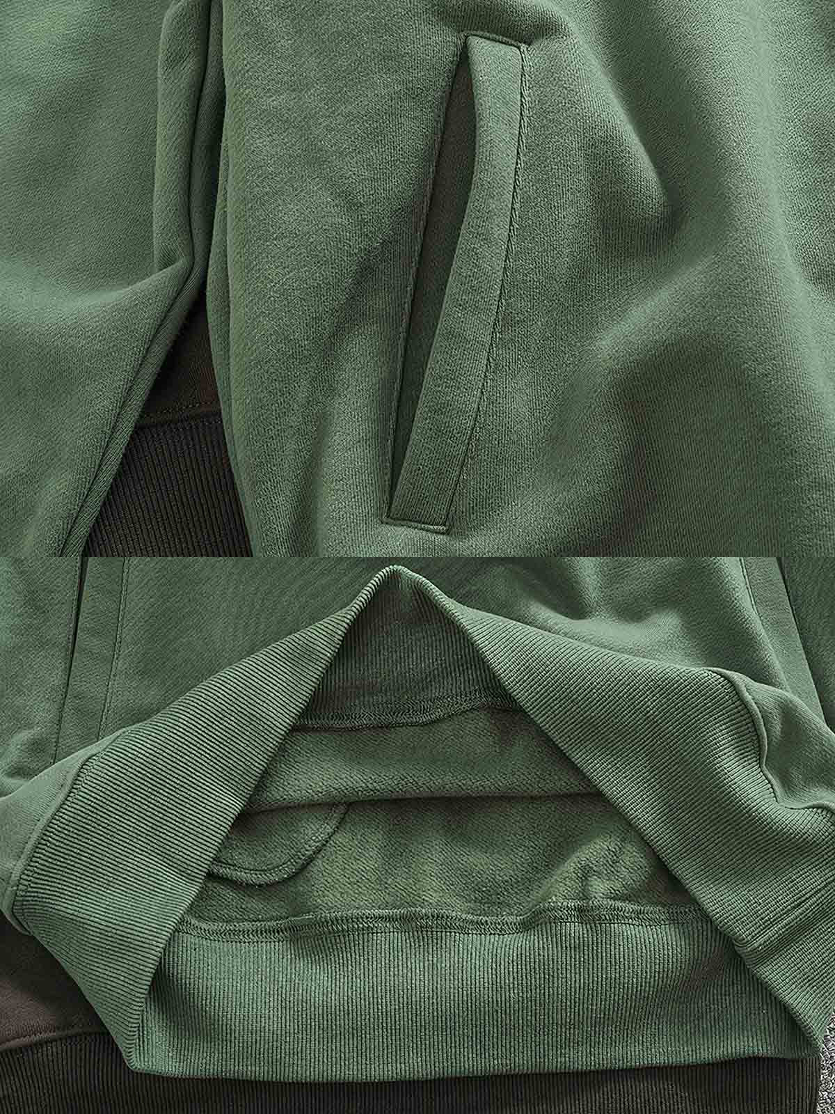 製品画像: グリーンの裏起毛ハーフジップスウェットの正面画像
詳細画像: 裏起毛のディテールと袖口、裾のリブディテール