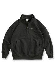 製品画像: グリーンの裏起毛ハーフジップスウェットの正面画像
詳細画像: 裏起毛のディテールと袖口、裾のリブディテール