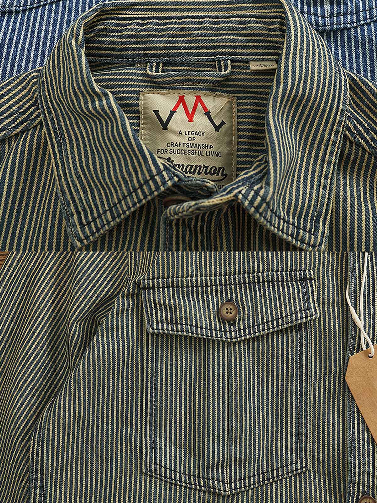 製品画像: ヘビーストライプデニムワークシャツジャケットの正面展示
詳細画像: ポケットとウォッシュ加工のディテール展示